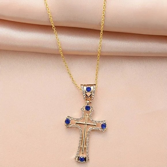 Cross Hip Hop Pendant Blue Stones with Necklace fine Jewelry Men Women - Picture 5 of 5